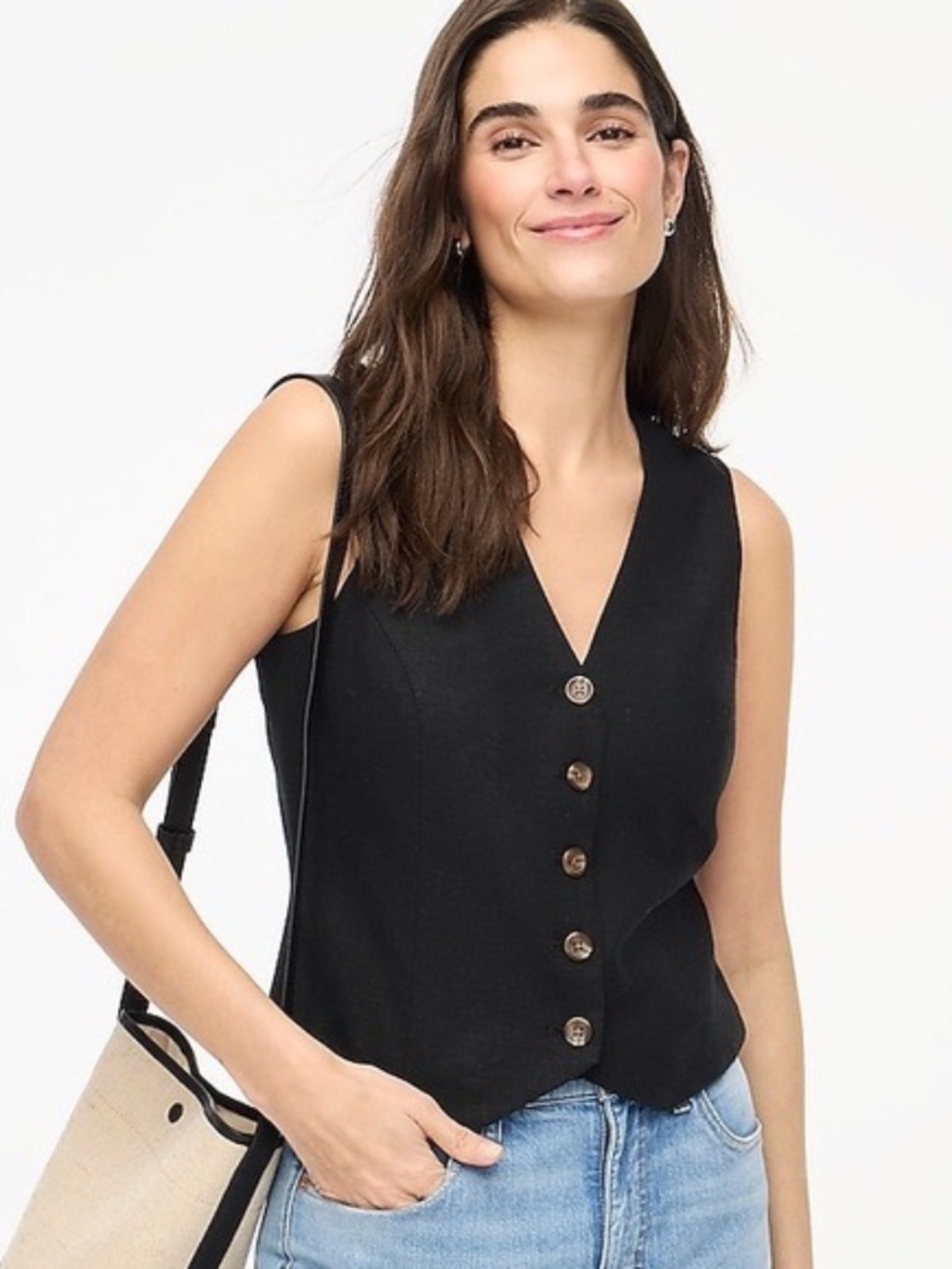 J. Crew Factory Button-front Linen-blend Vest - Black, 12, NWT - Picture 1 of 9